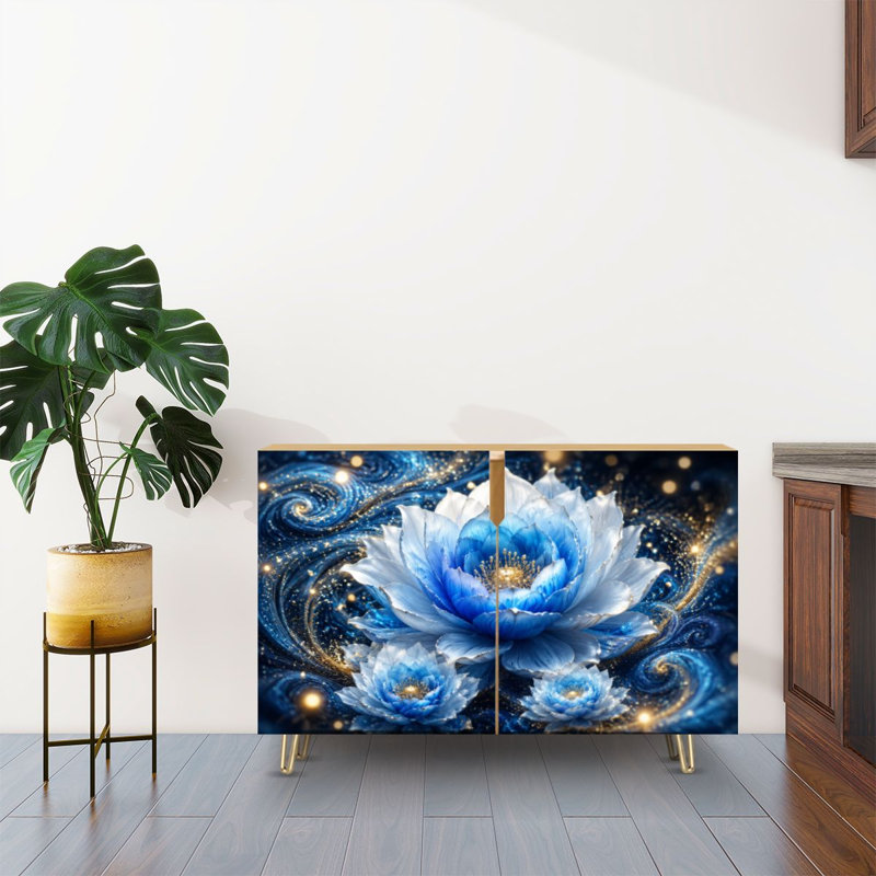Buffet Buffet avec rangement Fleurs de lotus bleues aux accents dorés scintillants abstraits tourbillonnant avec 2 portes pour le salon et la cuisine