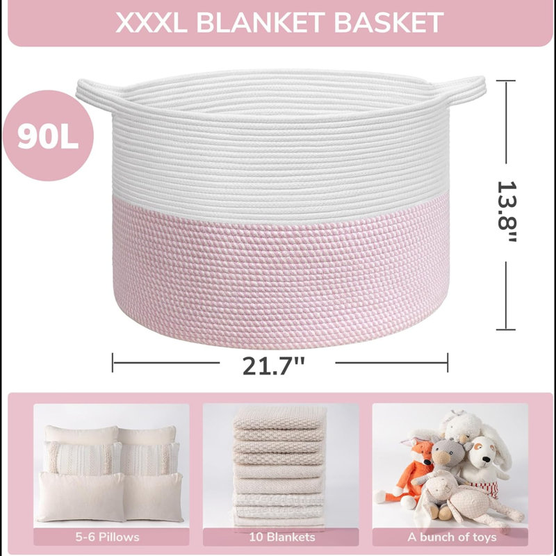 Extra Large Woven Baskets For Storage, 21.7'' X 13.8'' Wicker Basket With Handle For Blankets, Big Laundry Baskets For Clothes, Pillows, Towel, Shoe Basket For Entryway, 90L Jute
