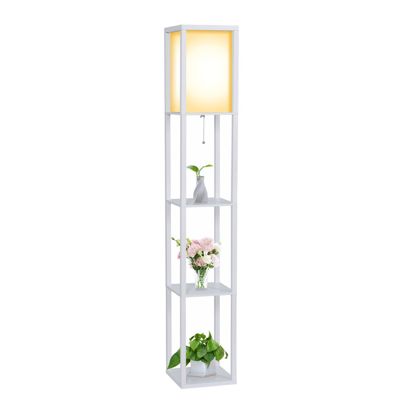 Floor Lamp with 3 Layers Wooden Shelves, Modern 160cm Standing Light Reading Lamp for Living Room, No, White