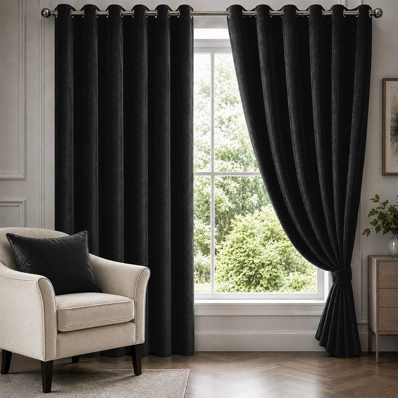 Black Velvet Eyelet Curtains Room Darkening Window Panels Soft Touch Pair, 168 cm X 137 cm