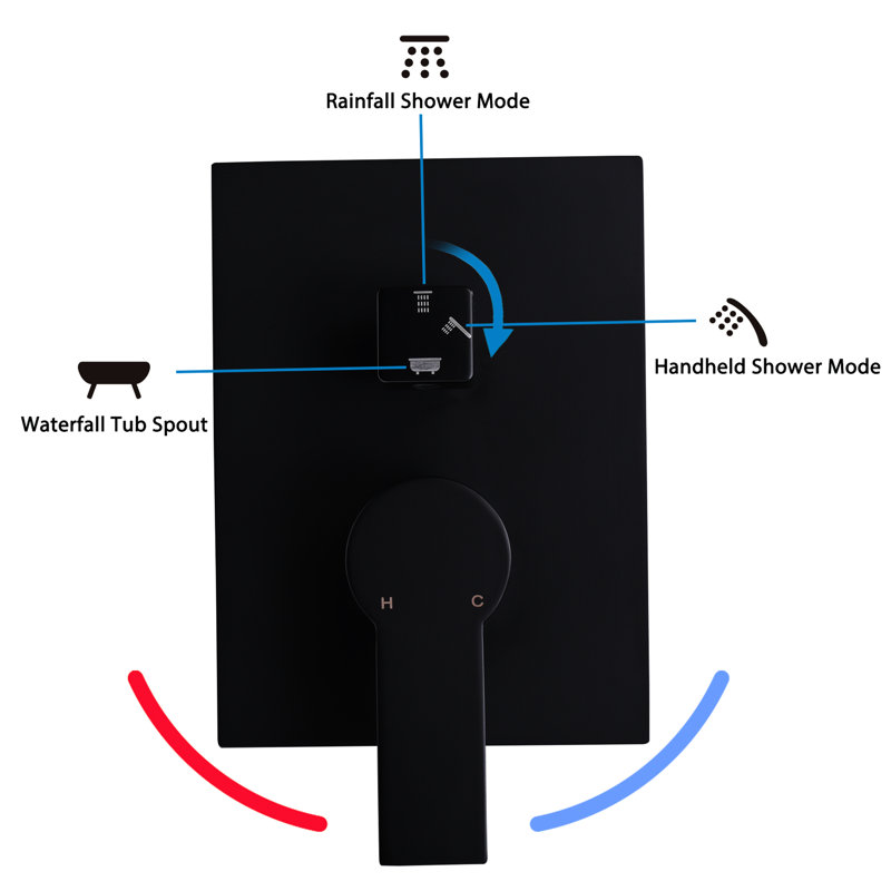 Ensemble de fabrication de dispositif de douche à fixation murale 12 pouces, noir mat, acier inoxydable avec douchette à main et cascade