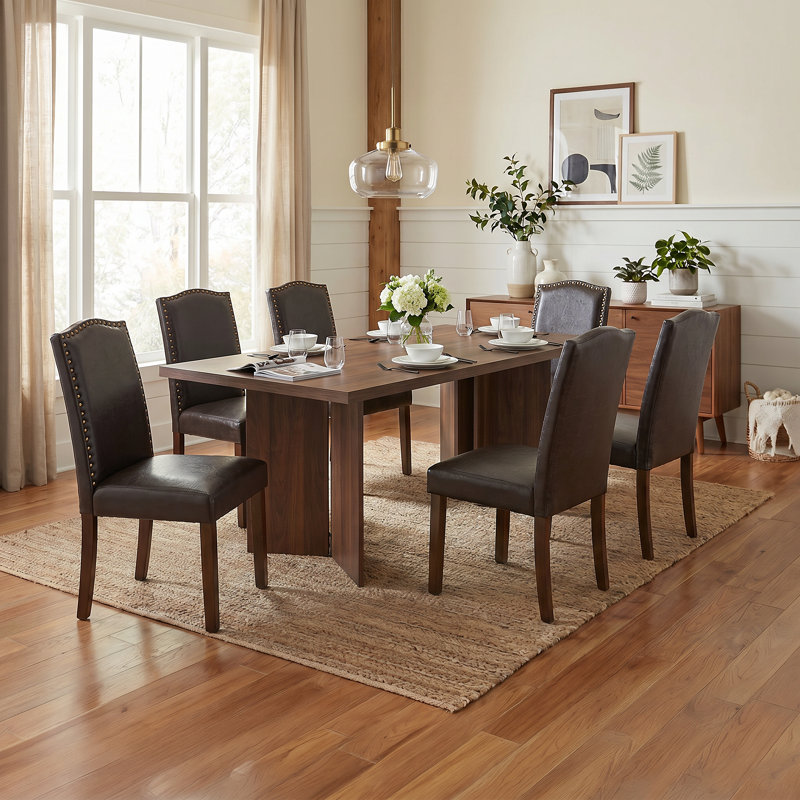 Table de salle à manger rectangulaire en bois Amiin 70 po avec 6 chaises Parsons rembourrées Criselle à dossier solide, Brown