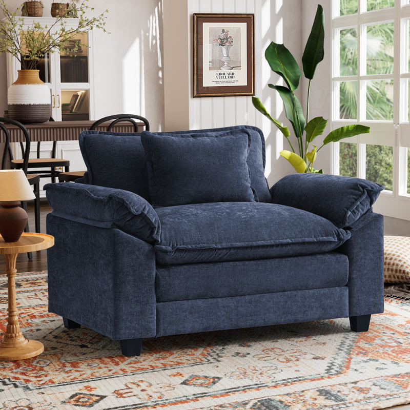 49.5'' W Oversized Premium Chenille Armchair And A Half With Accent Pillow & Removable Cushions, Blue Chenille