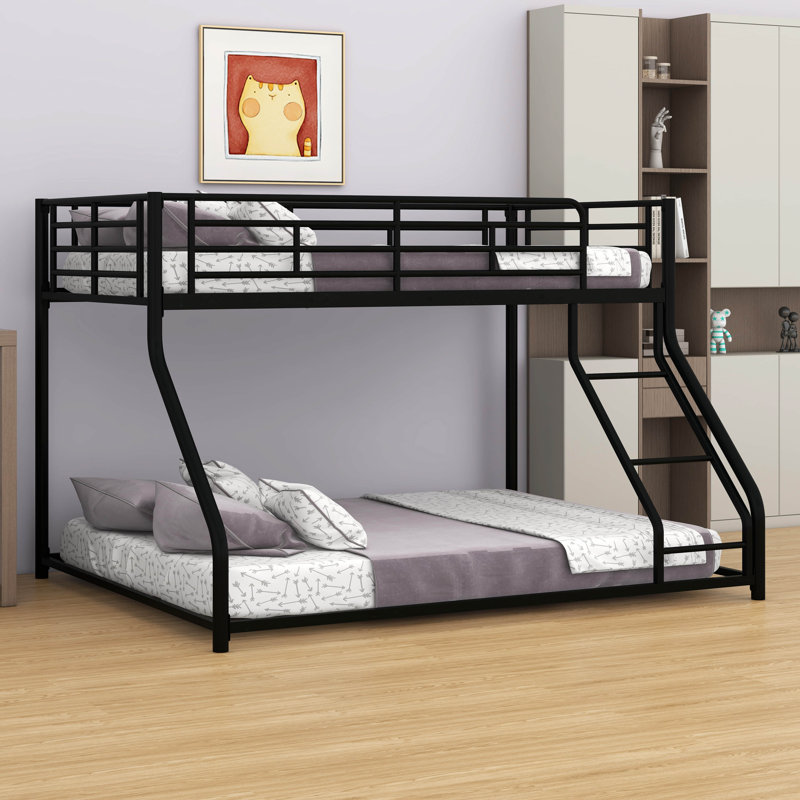 Floor Bunk Bed With Ladder & Safety Guardrail, Metal Bunk Bed, Twin XL Over Queen