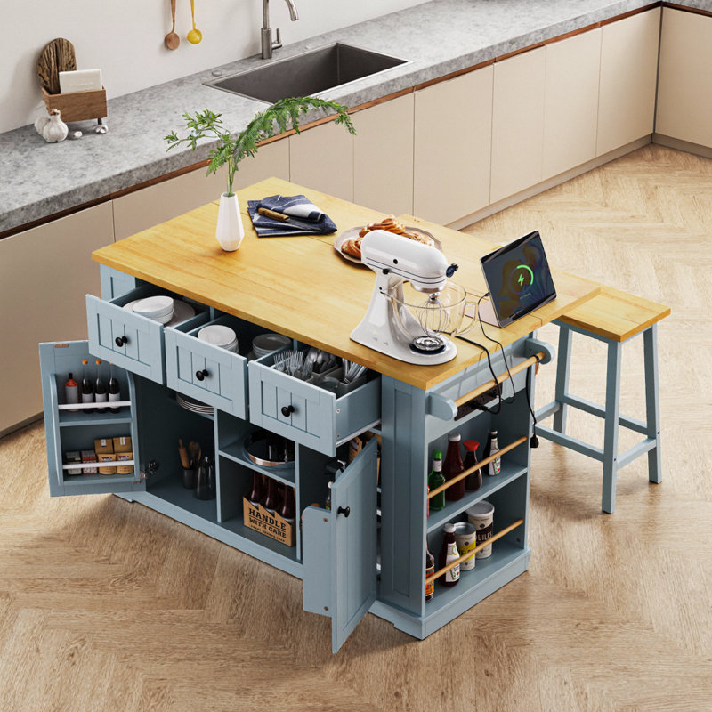 Large Black Kitchen Island with Power Outlet & 2 Bar Stools, Storage Cabinet, Drop Leaf, Drawers, Grey-Blue
