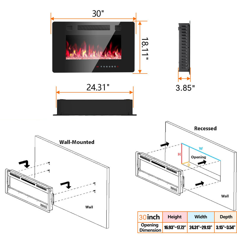 Recessed&Wall Mounted Electric Fireplace,750W/1500W,Remote Control With Timer, Adjustable Flame, 18'11" H x 30' W x 3'85" D