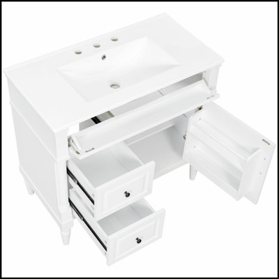 Meuble-lavabo autoportant de 36 pouces avec lavabo en céramique, tiroir rabattable, tablette réglable et structure en bois d'hévéa durable pour les salles de bain modernes