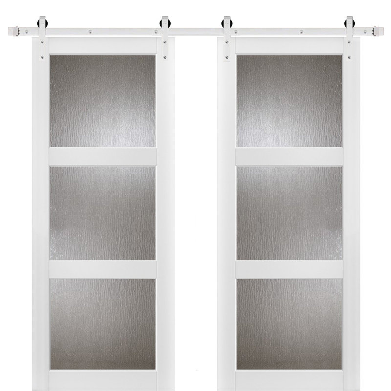 Portes de grange intérieures en verre givré Lucia avec ensemble de quincaillerie d'installation, Blanc, 36 po x 96 po