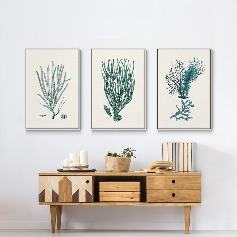 Antique Coastal Coral VI, reproduction sur toile 3 pièces, H 48 po x l 96 po x P 2 po, Cadre blanc