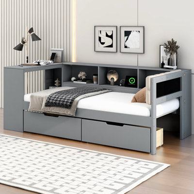 Lit plateforme simple en bois avec tablettes de rangement, tiroirs, station de charge et tête de lit tapissier, gris