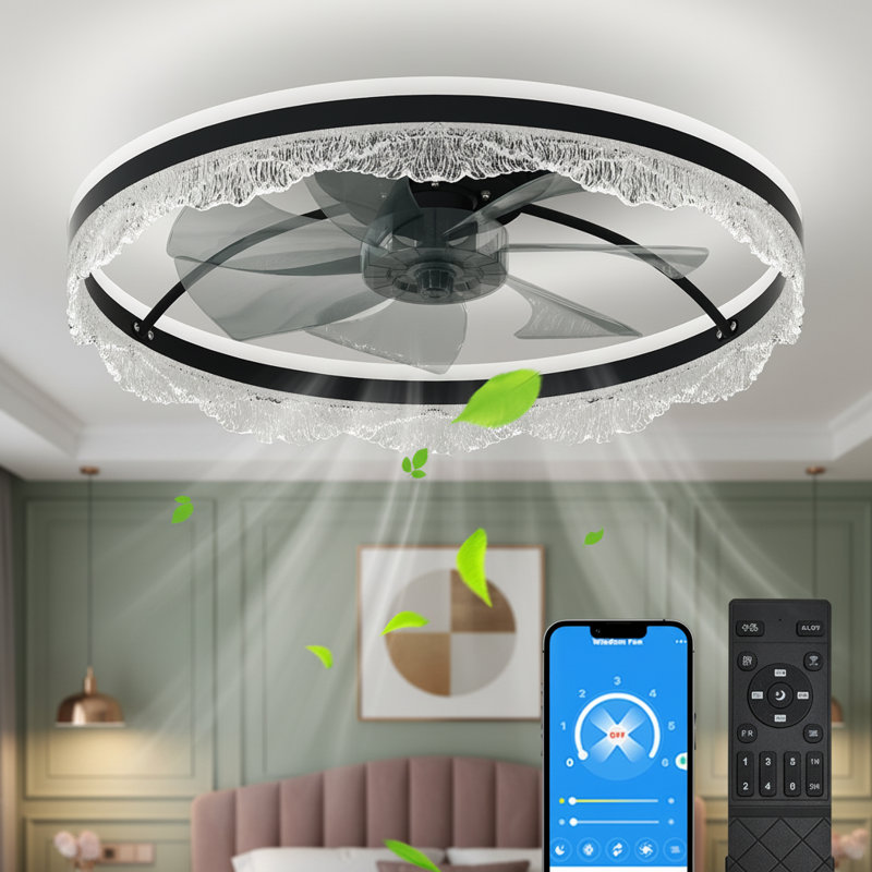 Black Crystal Ceiling Fan with Light and Remote, Modern Chandelier Style, 17.72" Wide