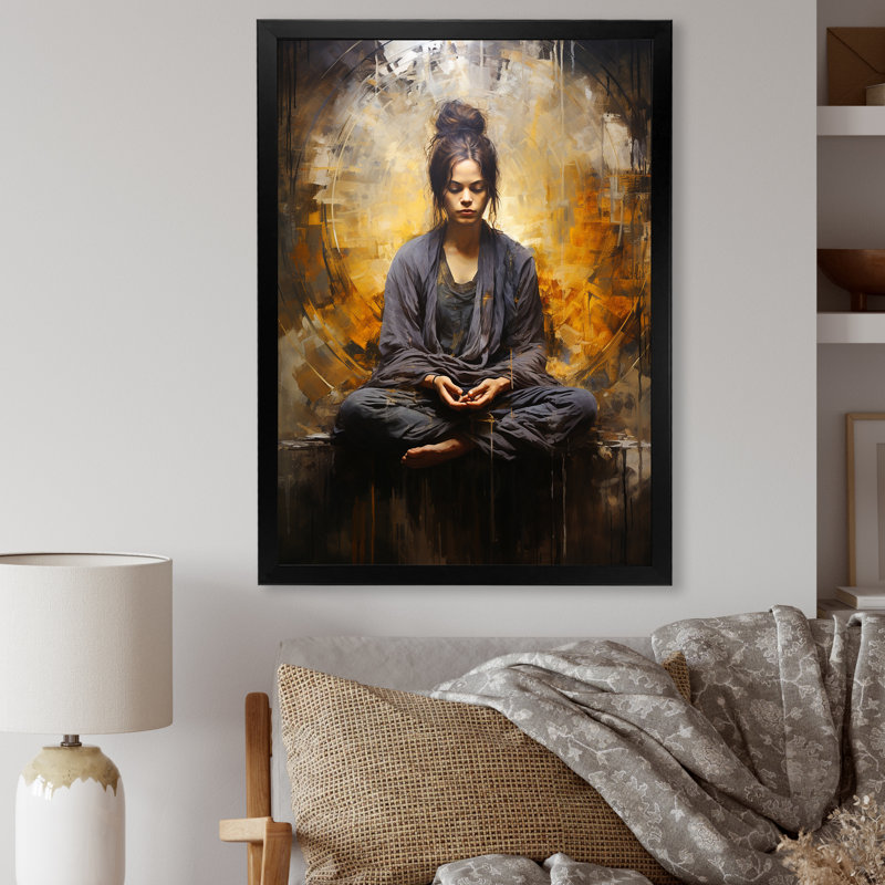 «Black and Gold Yogic Meditation - Yoga», impressions d'art mural, Cadre flottant blanc, H 44 po x l 34 po