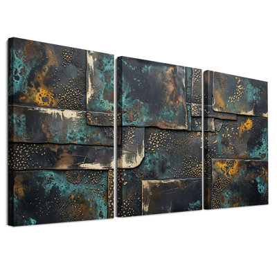 Ensemble de 3 toiles murales à l'aspect métal vieilli, couleurs turquoise et rouille