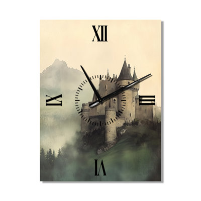Château au-delà de la brume - Horloge murale en métal de format paysage