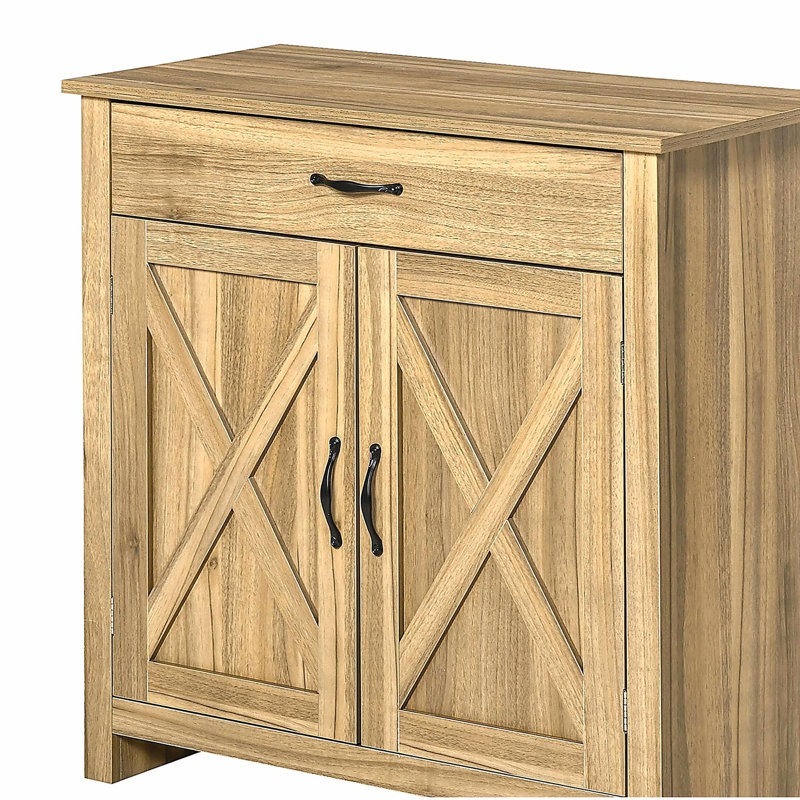 HOMCOM farmhouse sideboard cabinet, with drawers and adjustable shelf barn door coffee bar cabinet, suitable for living room, entrance kitchen cabinets, natural wood grain effect