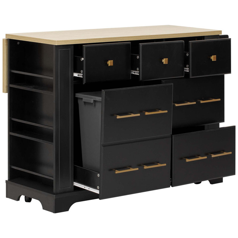 Versatile Rolling Kitchen Island With 6 Drawers, Pull-Out Trash Can Compartment, Drop-Leaf Countertop, Built-In Power Outlet, And 5 Hidden Lockable Wheels For Flexible Cooking And Storage.