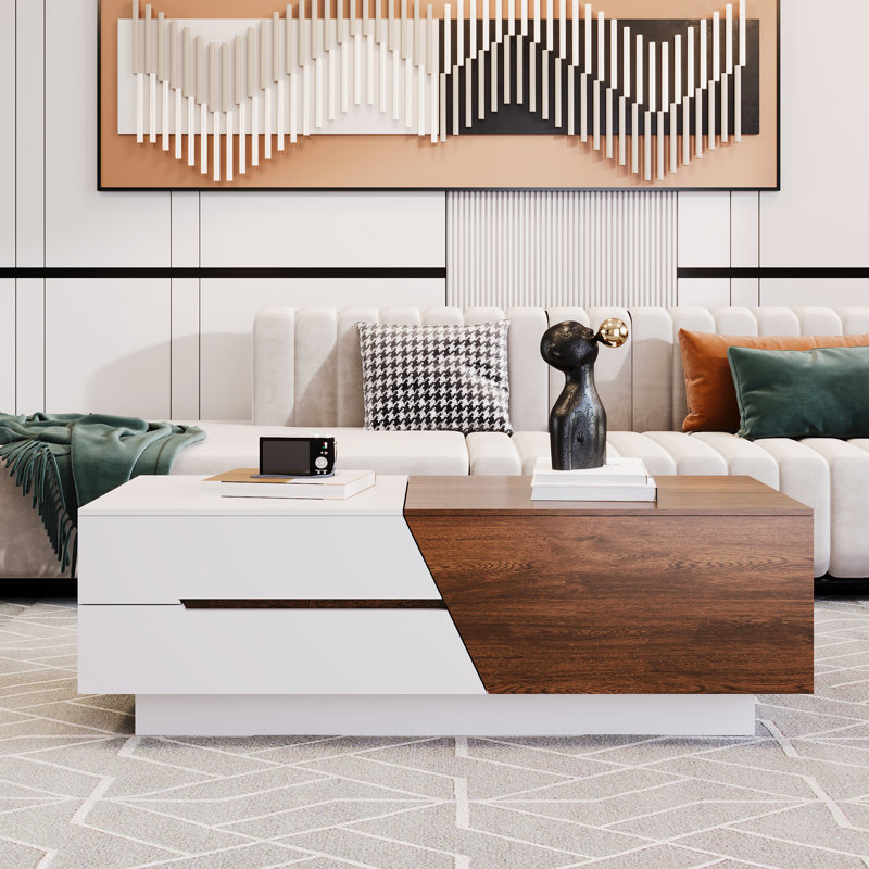  Latitude Run Laferty Extendable Sliding Top Coffee Table with Storage (White/Walnut)