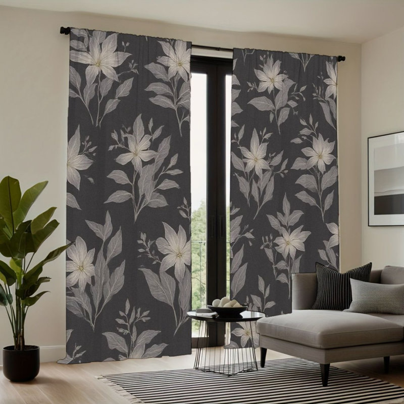 2Pcs Elegant Floral Curtains, Grey and White Botanical Pattern, Rod Pocket Light Filtering, Vintage Chic Style, All-Season For Living Room Bedroom Window Decor