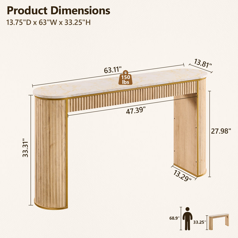 63" Modern Fluted Console Table, Narrow Entryway & Sofa Table With Marble-Pattern Top For Living Room Hallway Foyer