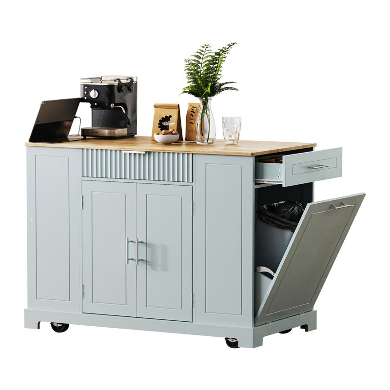 Fluted Kitchen Island with Trash Can Storage Cabinet, Power Outlet, Internal Storage Rack, Rolling Kitchen Islands on 5 Wheels with 3 Drawer, 3 Open Side Racks for 10 Gallon Garbage Bin