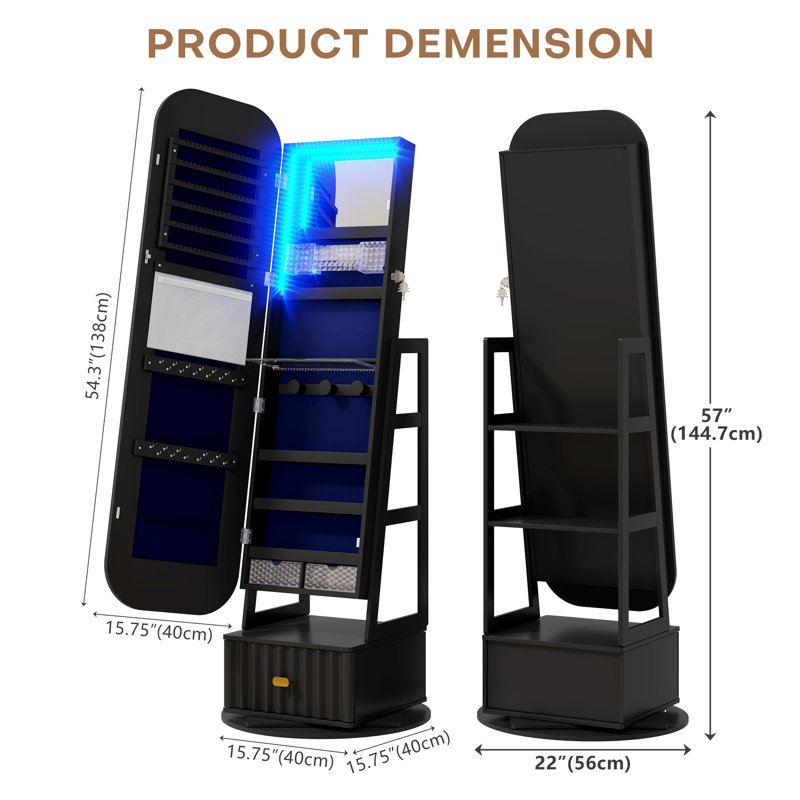65“ Arched Mirror Jewelry Cabinet, Black