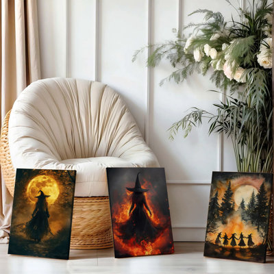 Ensemble de 3 affiches encadrées, toiles décoratives d'Halloween sur le thème des sorcières, décor mystique de forêt au clair de lune, silhouettes de sorcières à la lueur du feu, décoration gothique d'Halloween pour salon ou chambre.