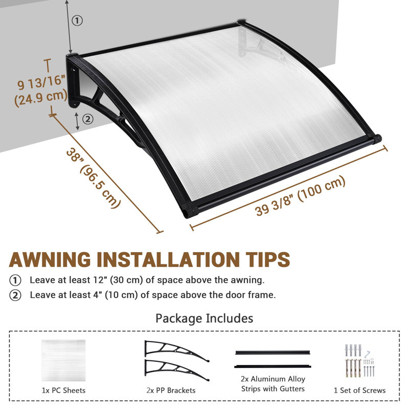 Yescom Outdoor Awning Patio Window Door Canopy Cover UV Protection Hollow Sheet, 10.2" H x 40.6" W x 38.6" D, Black/White