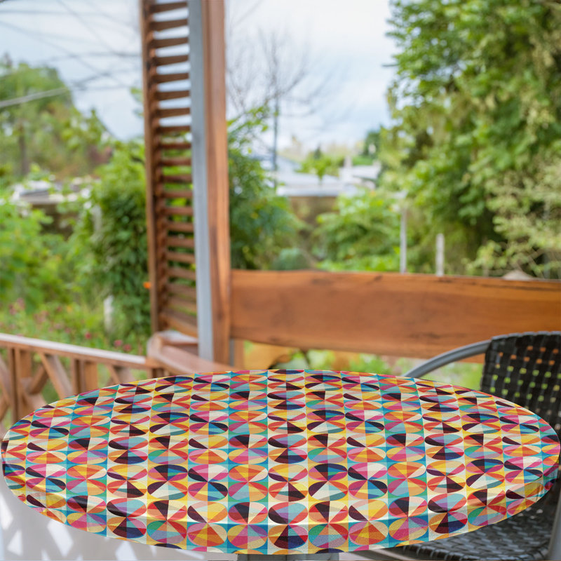 Ebern Designs Geometric Fitted Round Tablecloth 40"- 44" Diameter Multicolor, 51.97" Round