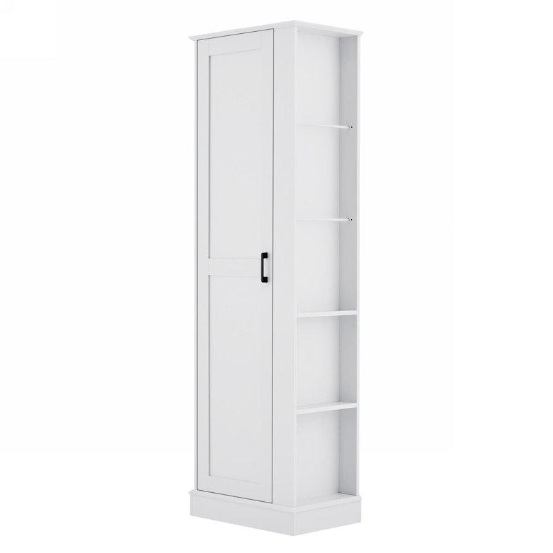 Tall Freestanding Bathroom Linen Storage Cabinet with Adjustable Shelves, 2 Open Side Shelves & 2 Towel Bars, Reversible Soft-Close Door, MDF and Particleboard, White