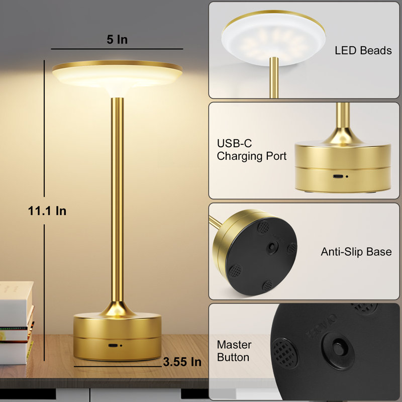 Modern Cordless Table Lamp Dimmable Gold LED Lamp Set Touch Control USB Rechargeable for Bedroom Dinning Office, Gold