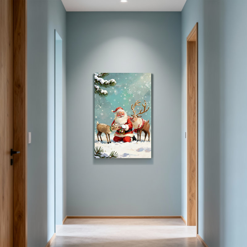 Noël père Noël avec renne dans un paysage enneigé, H 18 po x l 12 po