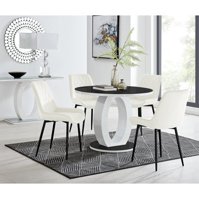 Scottsmoor 4 Seater High Gloss Round Dining Table Set with 4 Luxury Velvet Upholstered Dining Chairs