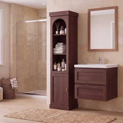 Meuble de rangement étroit de 178 cm de hauteur pour salle de bain, organisateur de salle de bain autoportant avec tablette ouverte arquée et rangement fermé dissimulé