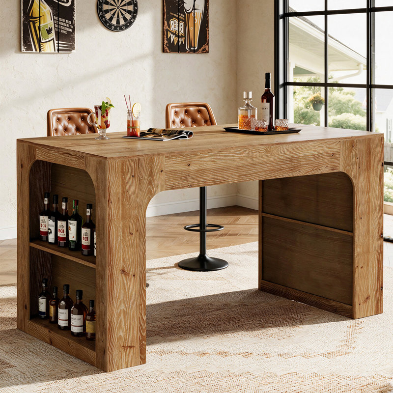 Table de bar à hauteur de comptoir en bois massif de 63 po avec tablettes de rangement pour la salle à manger