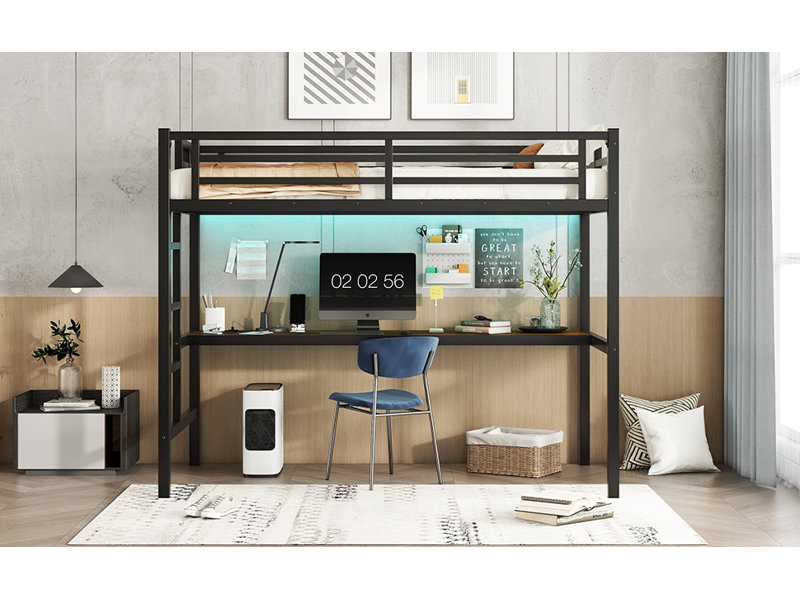 Lit mezzanine simple en métal noir avec bureau intégré, prise de courant et station de charge USB, lumières à DEL, conception peu encombrante