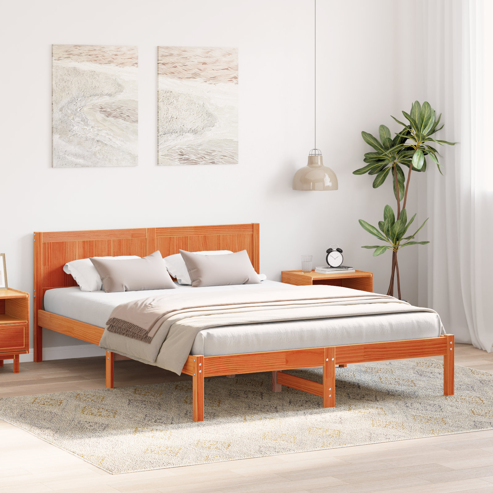 Lark Manor Wax Brown Bed Frame Wax Brown Solid Pine Wood 140 X 200 Cm ...