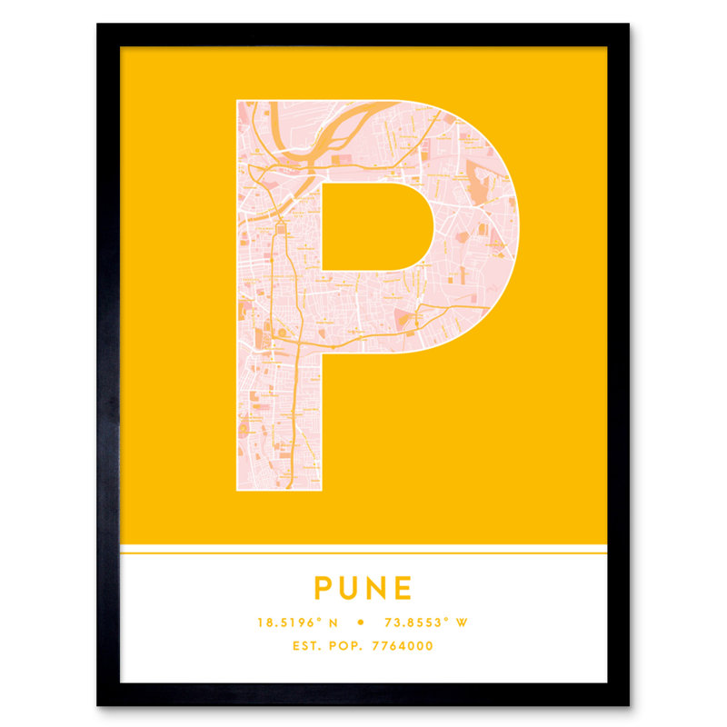 Pune India City Map Yellow - Single Picture Frame Typography