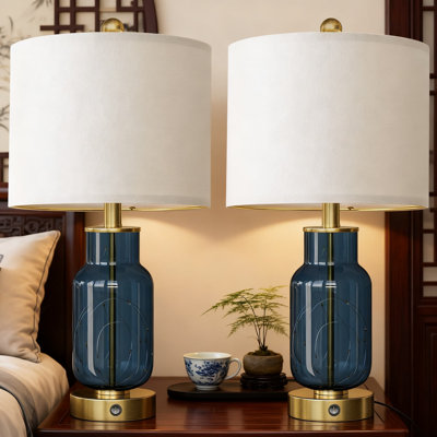 Ensemble de 2 lampes de table en verre de 22 pouces avec lampe de chevet moderne avec veilleuse à DEL, ports de charge USB et de type C pour le salon, la chambre à coucher, le bureau et les ampoules
