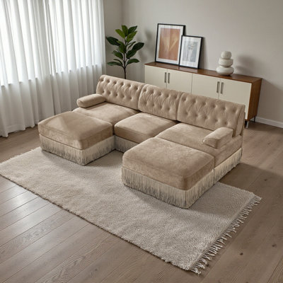 Canapé modulaire en velours doux à 3 places de 106 po avec 2 repose-pieds capitonnés, jupe à franges