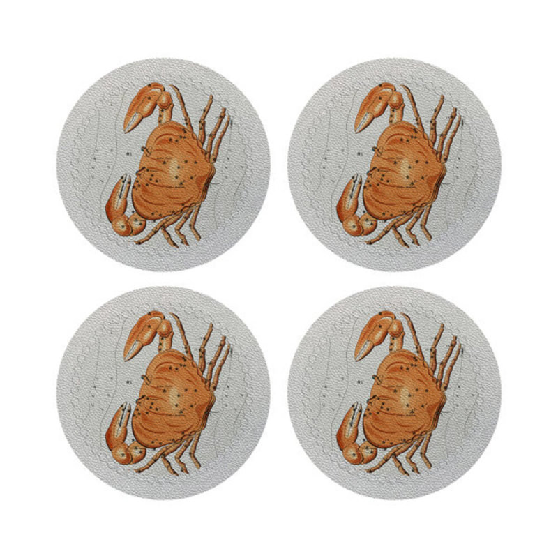 Zodiac Cancer White Vegan Leather Round Coasters, White