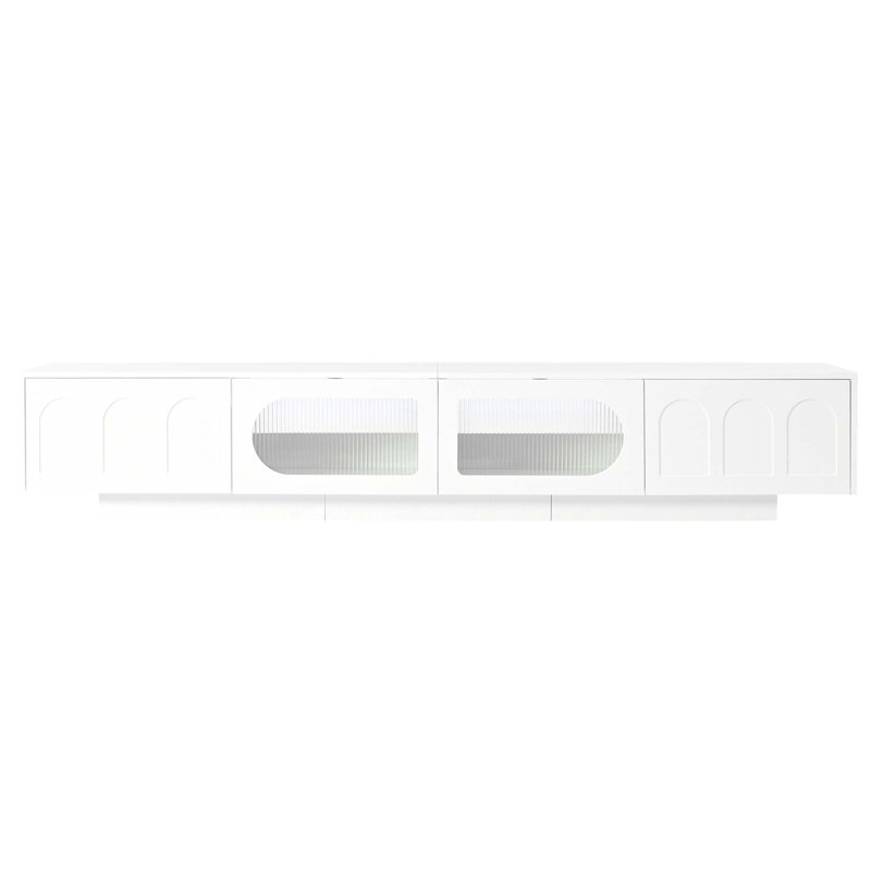 Meuble télé avec portes cannelées en verre trempé pour téléviseurs de 95 po ou moins, console multimédia fonctionnelle avec portes d'armoire arquées, centre de divertissement avec lumière DEL contrôlée par une application pour le salon