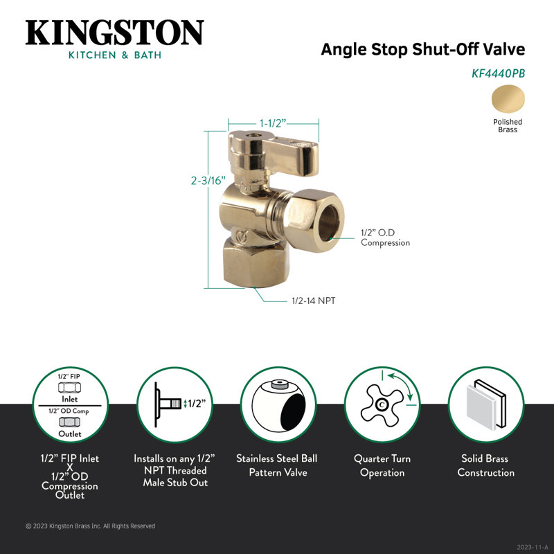 Kingston Brass 1/2-Inch FIP x 1/2-Inch OD Comp Quarter-Turn Angle Stop Valve, Polished Brass