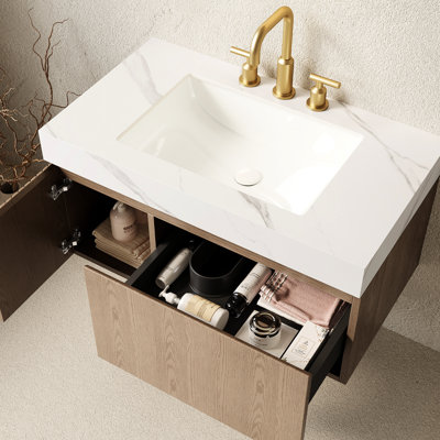 Meuble-lavabo de 36 po avec lavabo, rangement en contreplaqué flottant, pierre frittée blanche et cuve en céramique, trous de robinet pré-percés, système de fermeture en douceur des 3 tiroirs du tiroir, installation facile