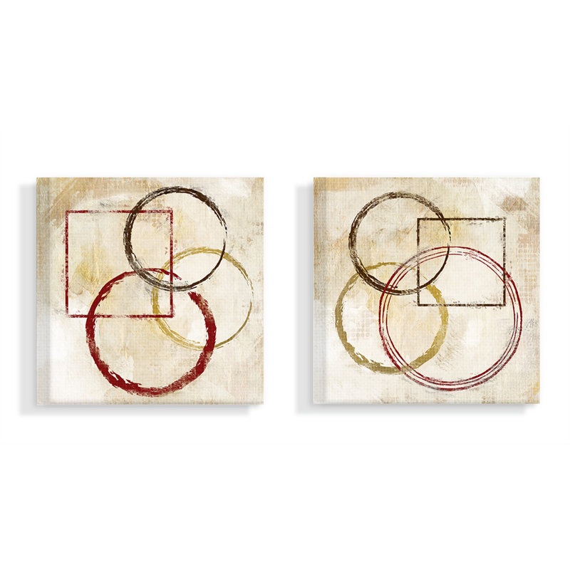 Brown Tan And Red Circles And Squares Paint Strokes And Marks by Kimberly Allen - 2 Piece Print on Wood, Canvas