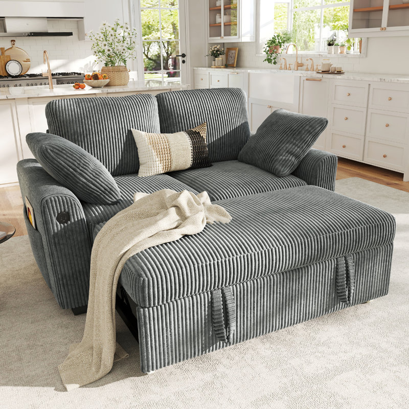 George 59" Upholstered Corduroy Sleeper Sofa with Pull Out Bed and USB Charging, Grey
