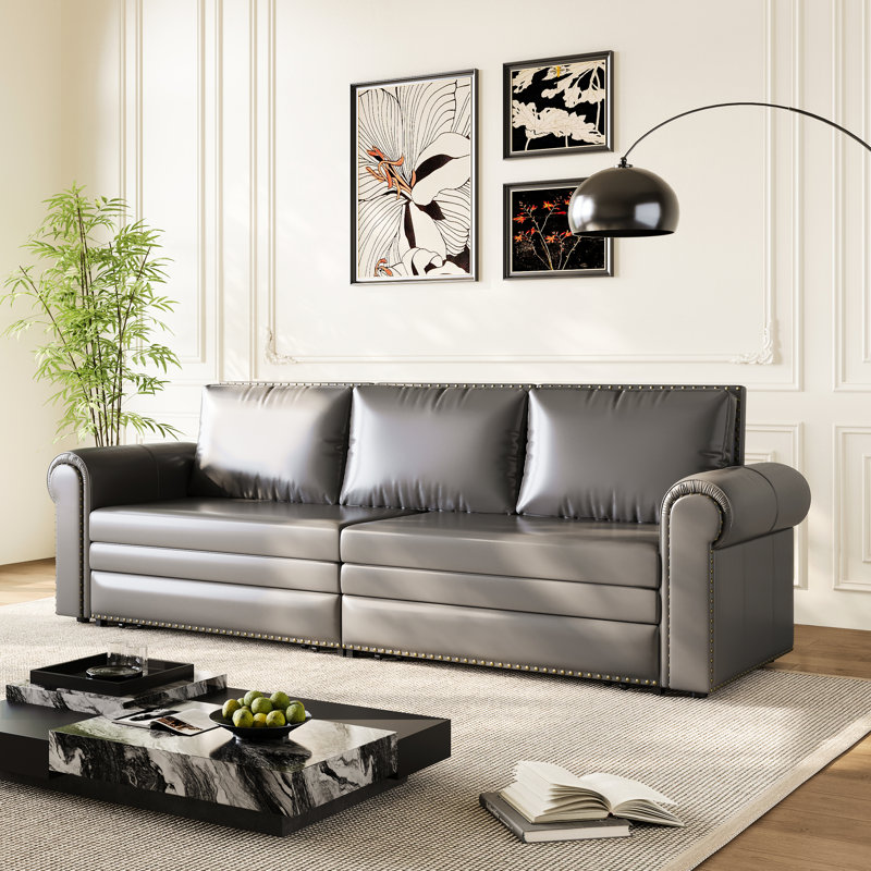 Lit gigogne convertible 3 en 1 gris 93,7 po gris, similicuir pour chambre avec accoudoirs roulés et garniture cloutée
