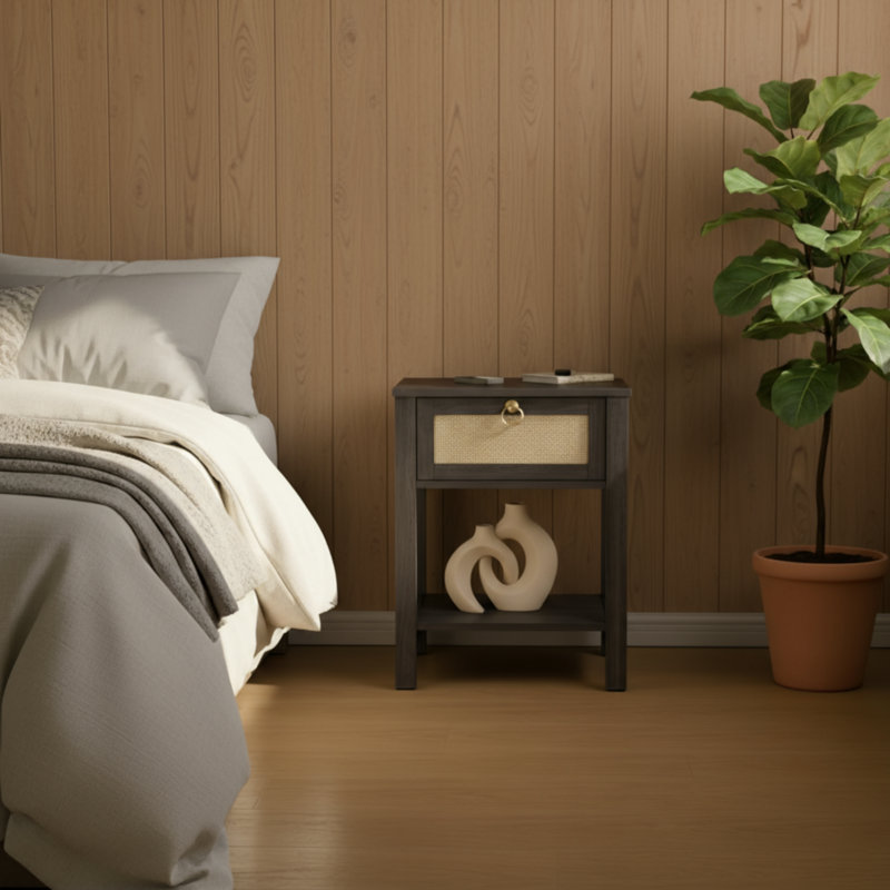 Cet ensemble de table de chevet en rotin de style bohémien 2 pièces est doté de tiroirs en rotin avec poignées en laiton, de tablettes de rangement et convient aux petites chambres à coucher, offrant un look élégant et rafraîchissant.
