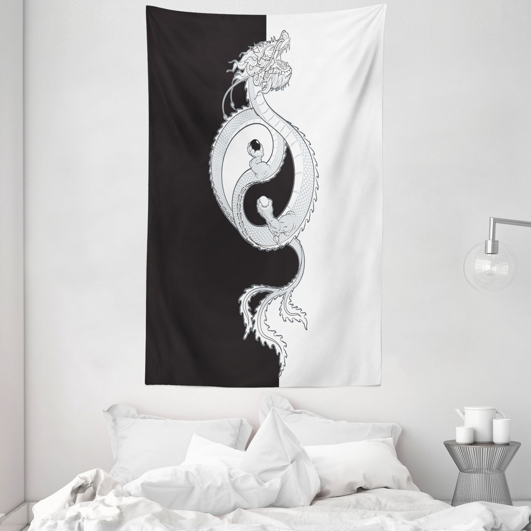 Wandteppich, Drachen mit Yin Yang, Kung Fu, Grau weiß