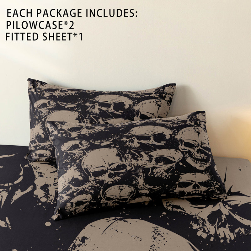Orylavena Gothic Damask Skull Fitted Sheet Set, Gray and Black Vintage Filigree Microfiber Bedding, Twin Full Queen King Sizes, Digital Print, No Pillow Insert Included