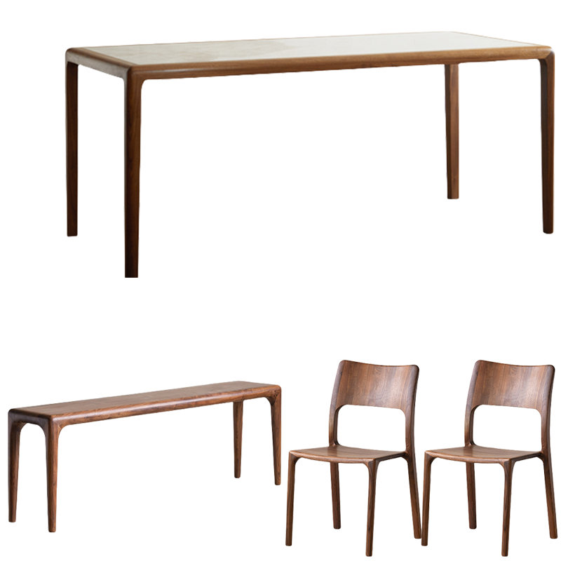 Black Walnut Slate Dining Table Set, 29.5"H x 55.1"L x 31.5"W